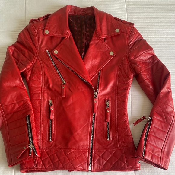 No Label Jackets & Blazers - Vibrant Red Leather Moto Jacket